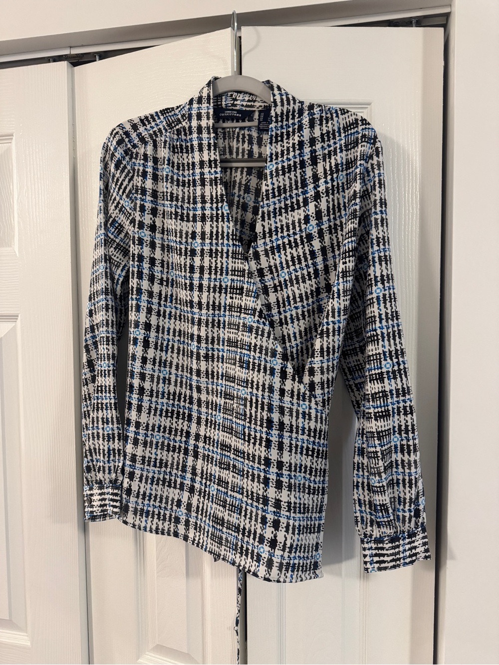 Chase Apparel Lands' End Black, White & Blue Plaid Wrap Blouse